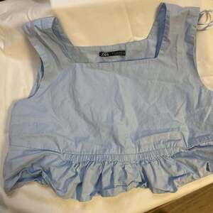 Zara Blue Crop Top 100% Cotton Large With Tags Ruching Detail Square Neck